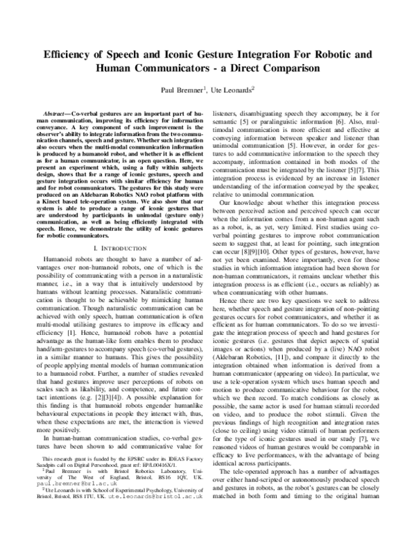 (PDF) Efficiency of speech and iconic gesture integration for robotic ...