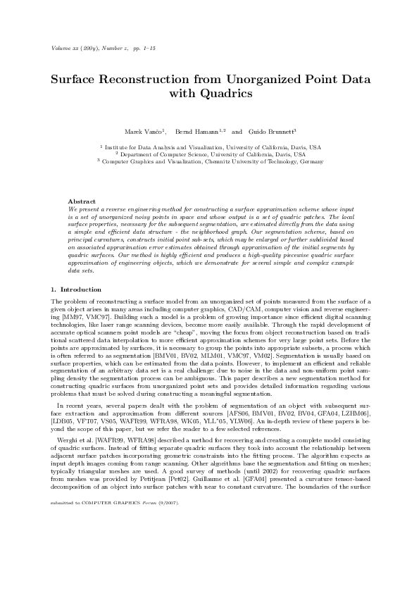 (PDF) Surface Reconstruction from Unorganized Point Data with Quadrics