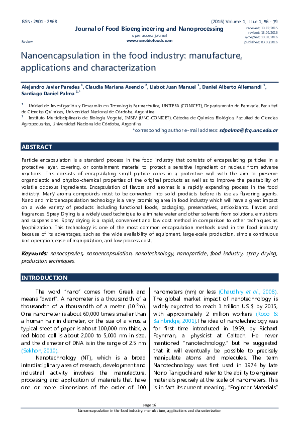 (PDF) Nanoencapsulation in the food industry: manufacture, applications ...