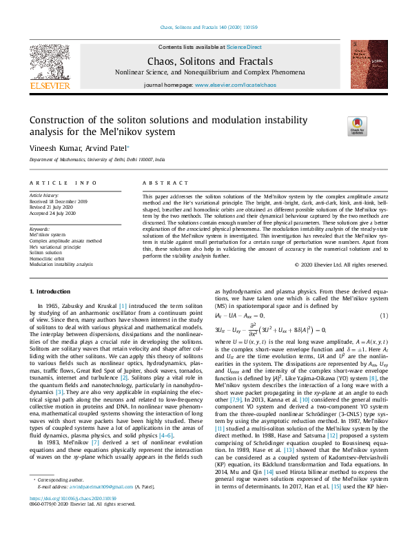 (PDF) Construction of the soliton solutions and modulation instability ...