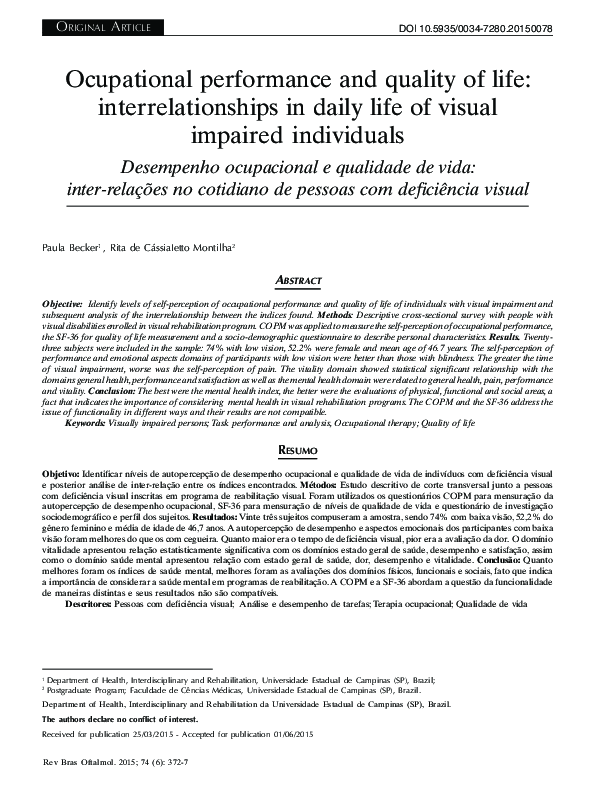 (PDF) Ocupational performance and quality of life: interrelationships ...