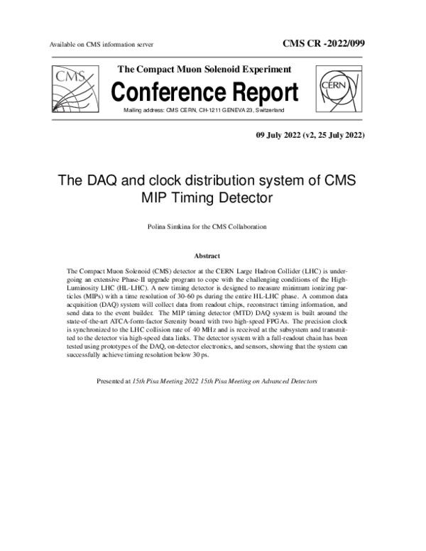 (PDF) The DAQ and clock distribution system of CMS MIP Timing Detector