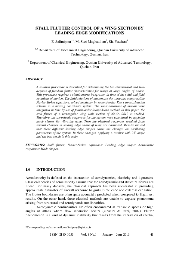 (PDF) Stall Flutter Control of a Wing Section by Leading Edge Modifications