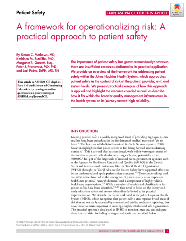 (PDF) A framework for operationalizing risk: A practical approach to ...