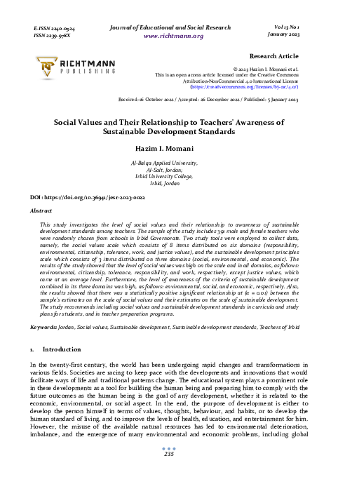 (PDF) Social Values and Their Relationship to Teachers' Awareness of ...
