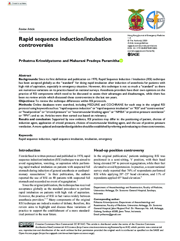 (PDF) Rapid sequence induction/intubation controversies
