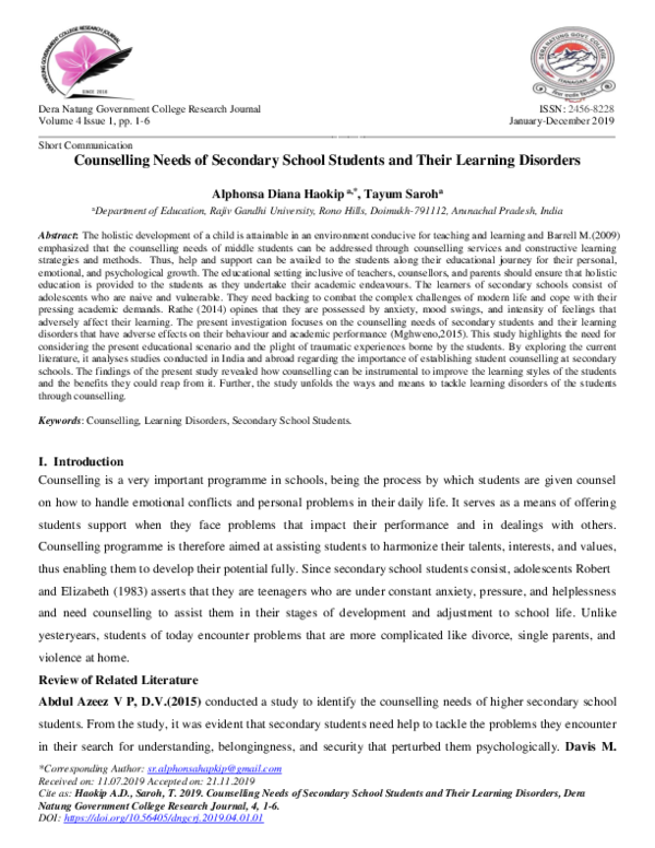 (PDF) Counseling Needs of Secondary School Students and Their Learning ...