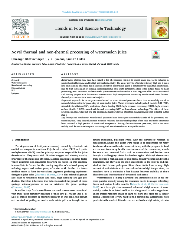 (PDF) Novel thermal and non-thermal processing of watermelon juice