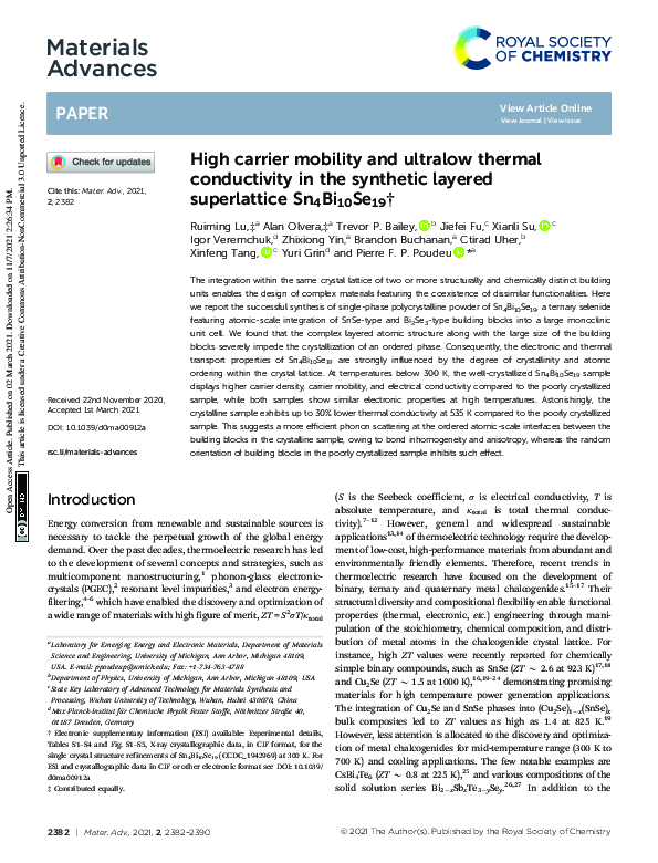 (PDF) High carrier mobility and ultralow thermal conductivity in the ...