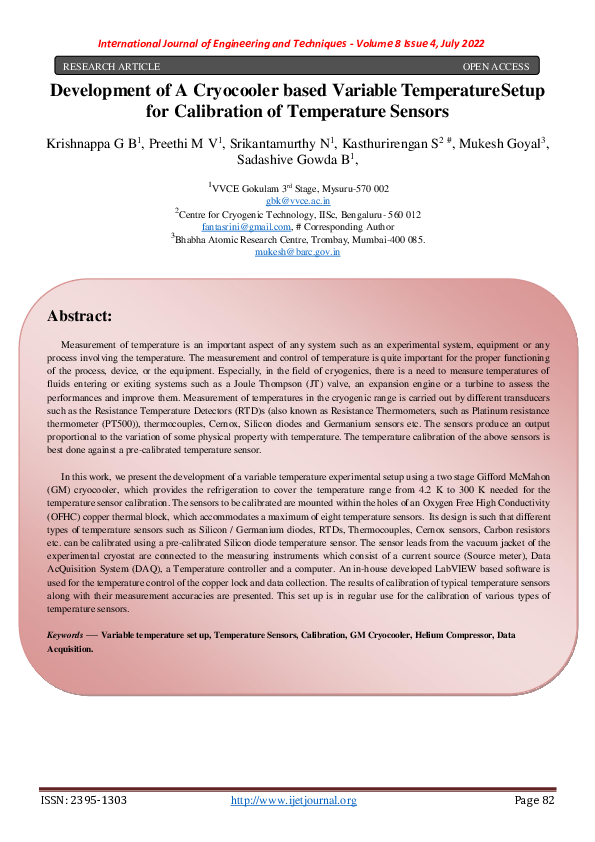 (PDF) Development of A Cryocooler based Variable Temperature Setup for