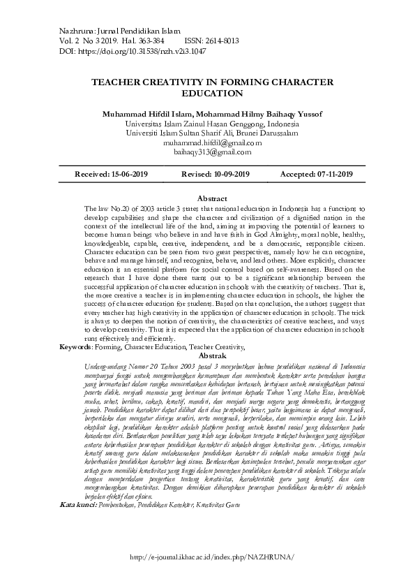 (PDF) Teacher Creativity In Forming Character Education