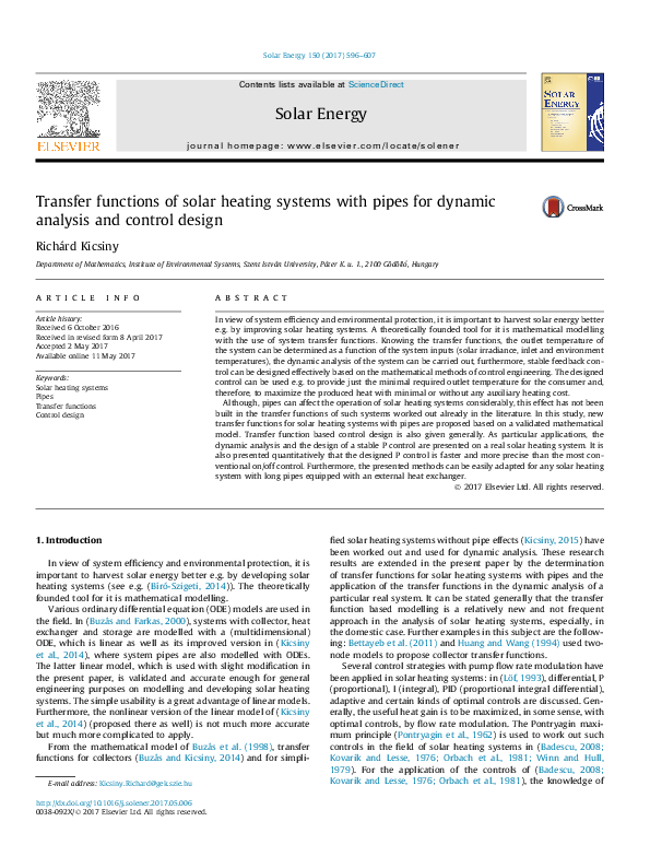 (PDF) Transfer functions of solar heating systems with pipes for ...