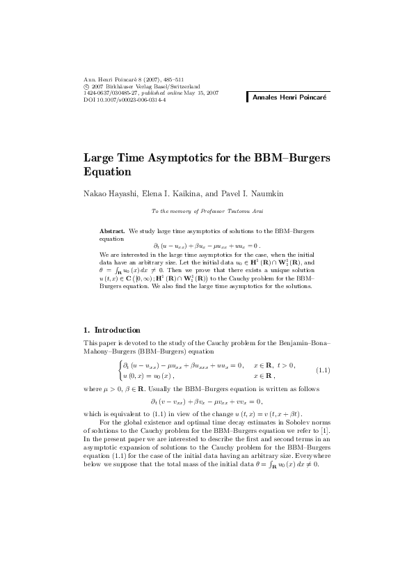 (PDF) Large Time Asymptotics for the BBM–Burgers Equation