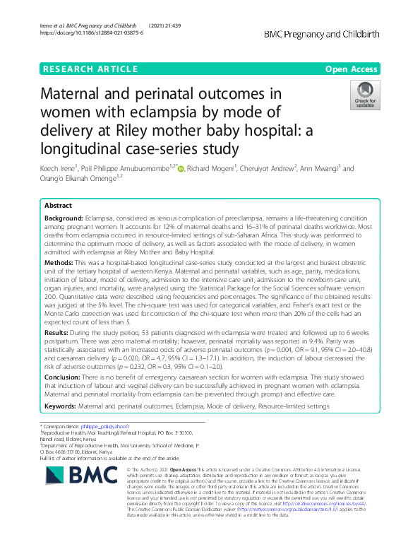 (PDF) Maternal and perinatal outcomes in women with eclampsia by mode ...
