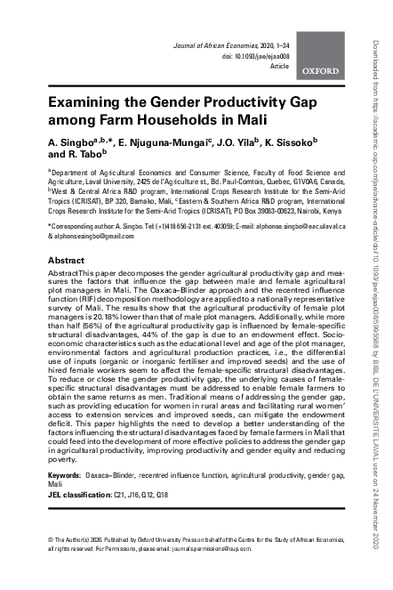 (PDF) Examining the Gender Productivity Gap among Farm Households in Mali
