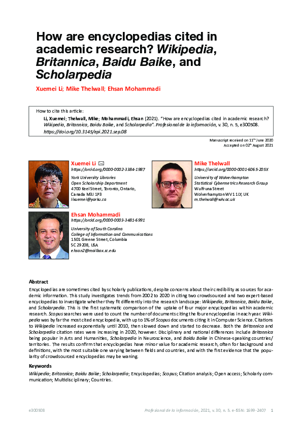 (PDF) How are encyclopedias cited in academic research? Wikipedia ...