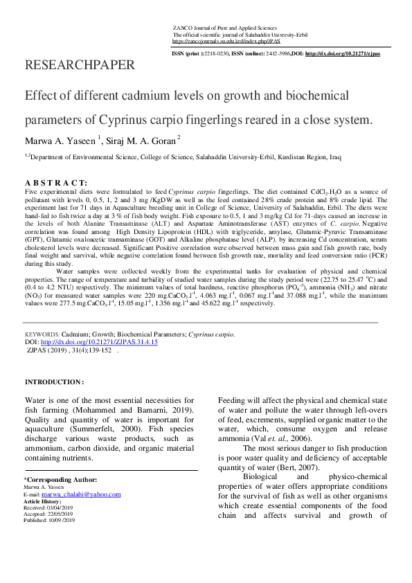 (PDF) Effect of different cadmium levels on growth and biochemical ...