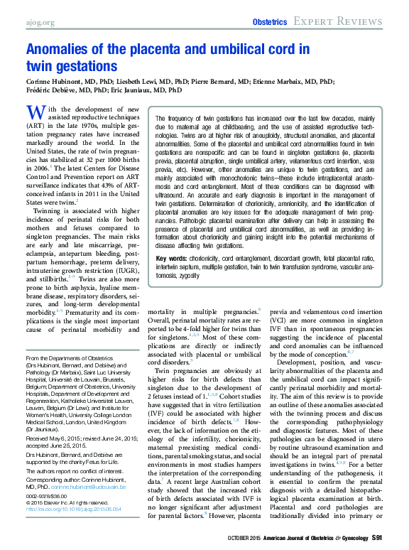 (PDF) Anomalies of the placenta and umbilical cord in twin gestations