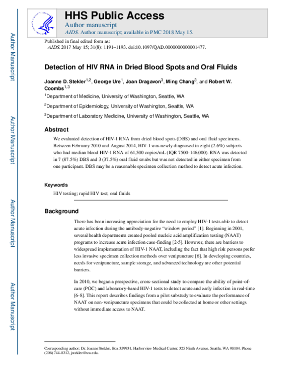 (PDF) Detection of HIV RNA in dried blood spots and oral fluids