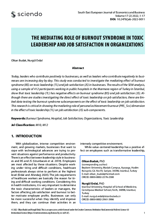 (PDF) The Mediating Role of Burnout Syndrome in Toxic Leadership and ...