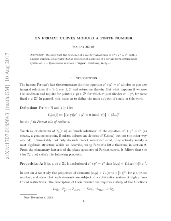 (PDF) On Fermat curves modulo a finite number