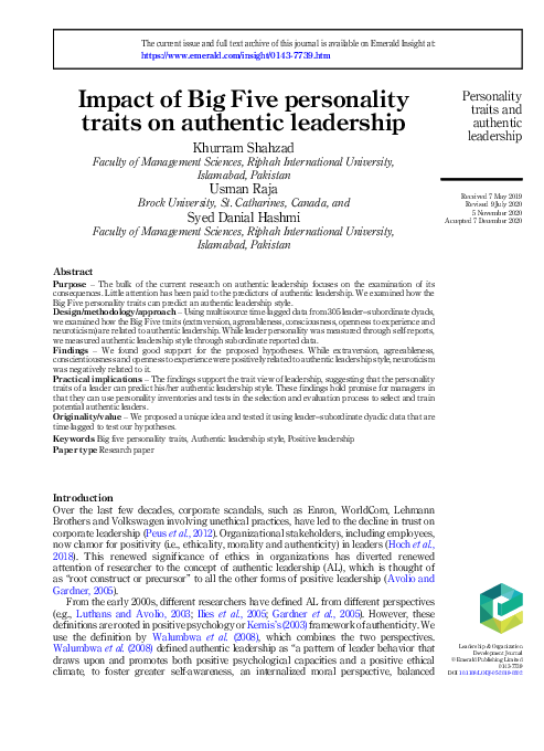 (PDF) Impact of Big Five personality traits on authentic leadership