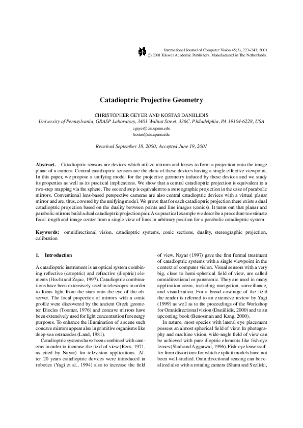 (PDF) Catadioptric Projective Geometry