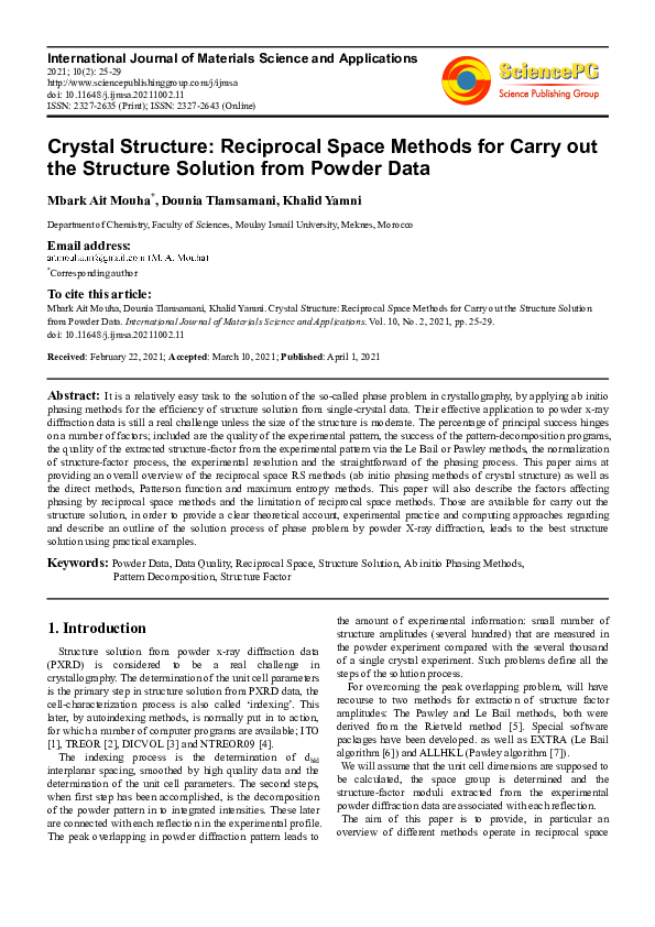(PDF) Crystal Structure: Reciprocal Space Methods for Carry out the ...
