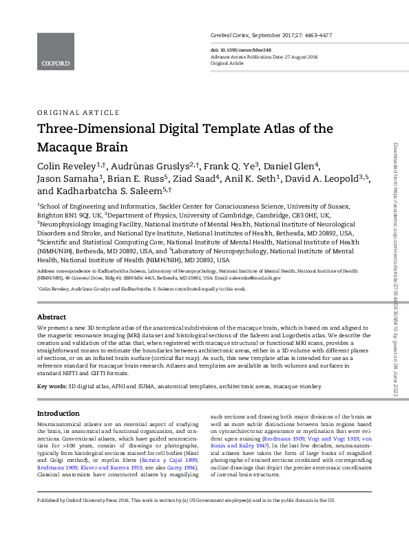(PDF) Three-Dimensional Digital Template Atlas of the Macaque Brain
