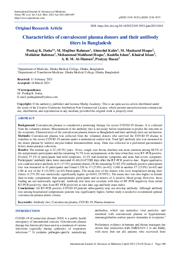 (PDF) Characteristics of convalescent plasma donors and their antibody ...