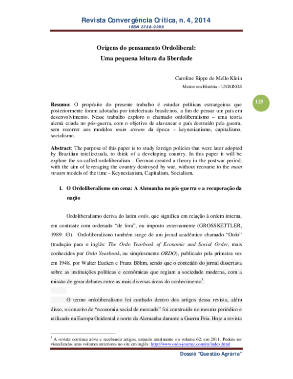 (PDF) Origens do pensamento Ordoliberal: Uma pequena leitura da liberdade