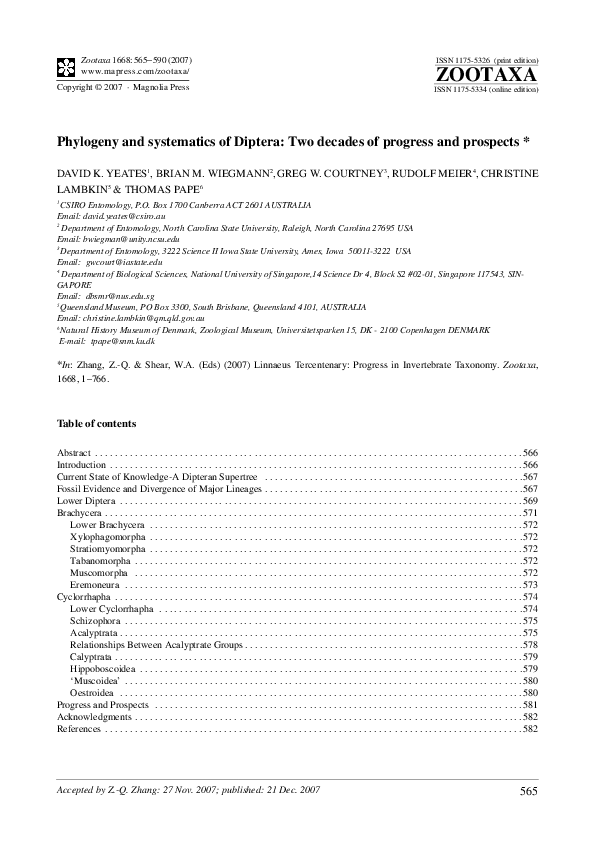 (PDF) Phylogeny and systematics of Diptera: Two decades of progress and ...