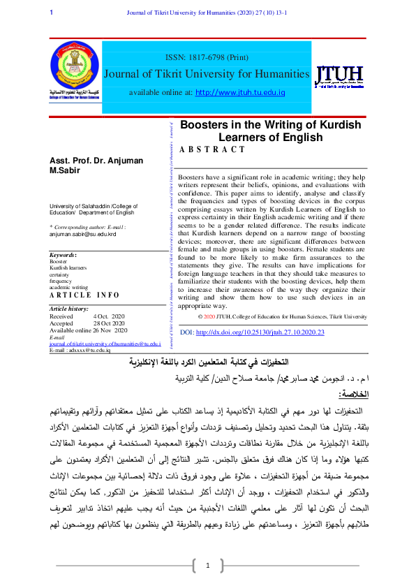 (PDF) Boosters in the Writing of Kurdish Learners of English