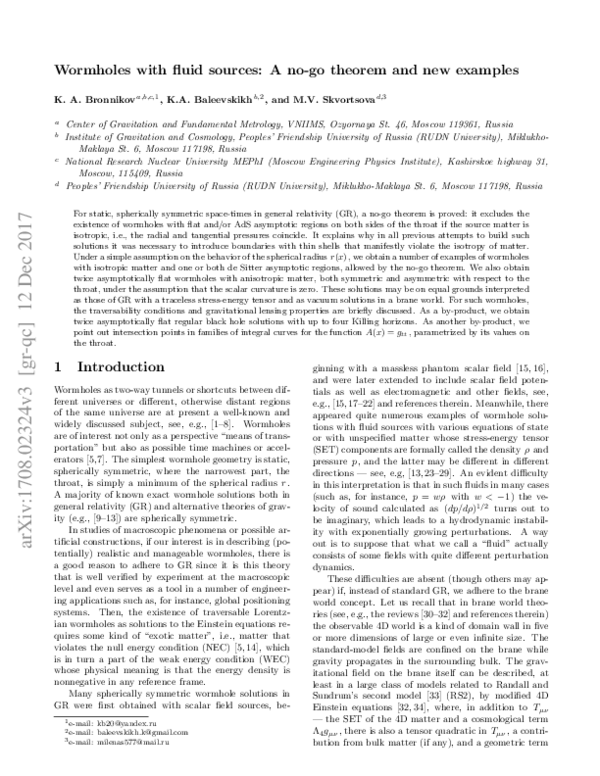 (PDF) Wormholes with fluid sources: A no-go theorem and new examples