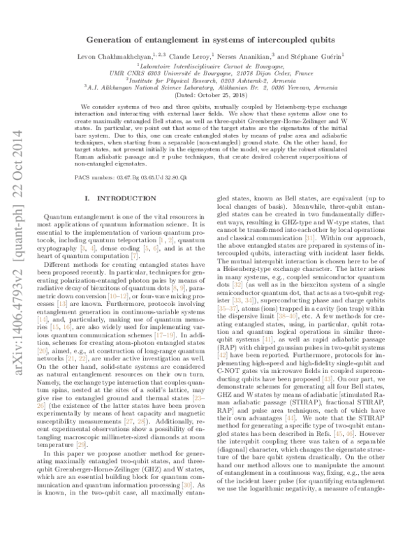 (PDF) Generation of entanglement in systems of intercoupled qubits | S ...