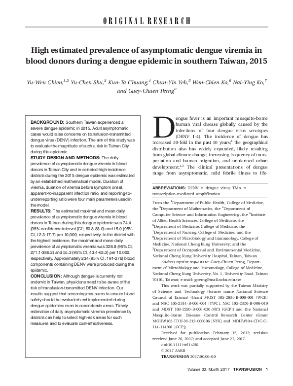 (PDF) High estimated prevalence of asymptomatic dengue viremia in blood ...