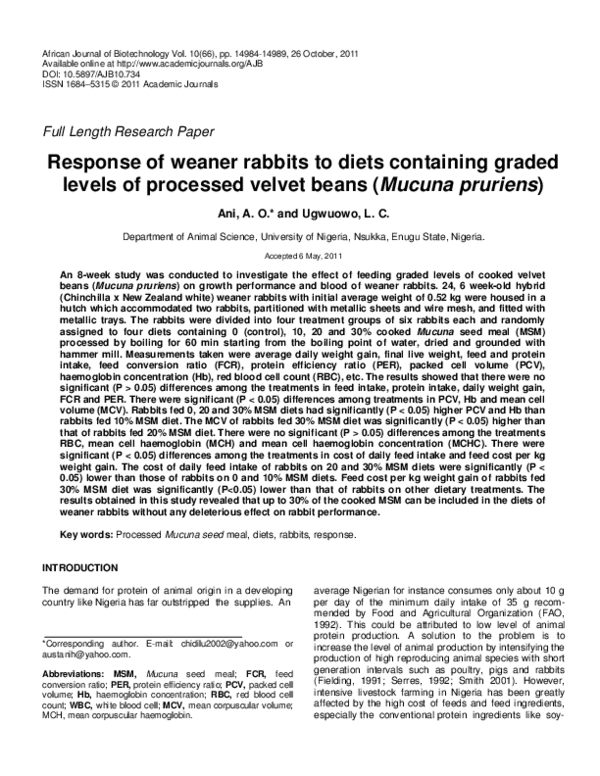 (PDF) Response of weaner rabbits to diets containing graded levels of ...