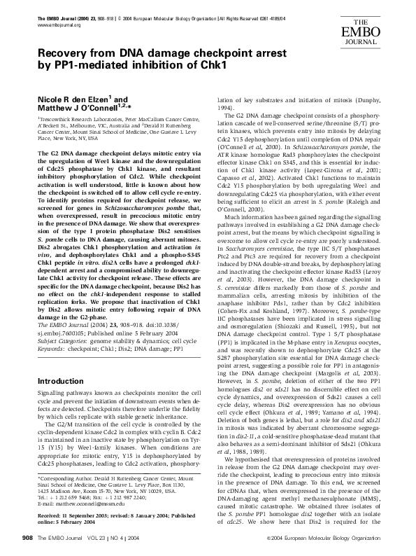 (PDF) Recovery from DNA damage checkpoint arrest by PP1-mediated ...