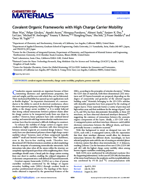 (PDF) Covalent Organic Frameworks with High Charge Carrier Mobility
