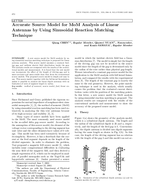 (PDF) Accurate source model for MoM analysis of linear antennas by ...