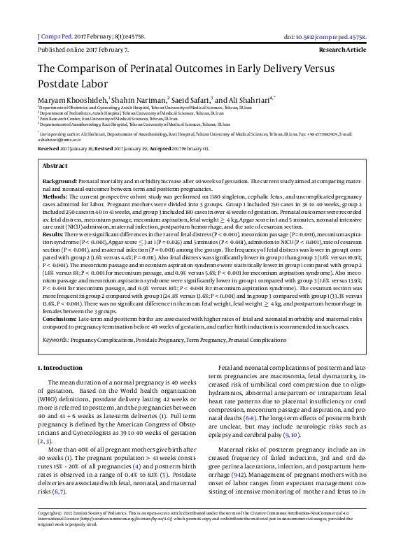 (PDF) The Comparison of Perinatal Outcomes in Early Delivery Versus ...