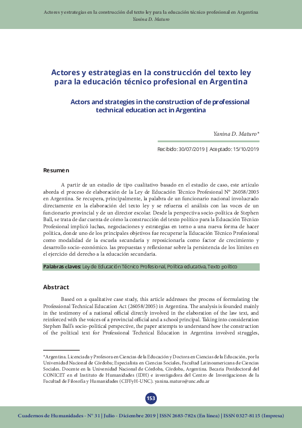 Actors and strategies in the construction of de professional technical education act in Argentina