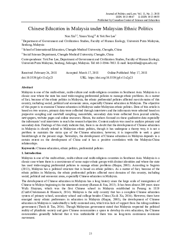 (PDF) Chinese Education in Malaysia under Malaysian Ethnic Politics