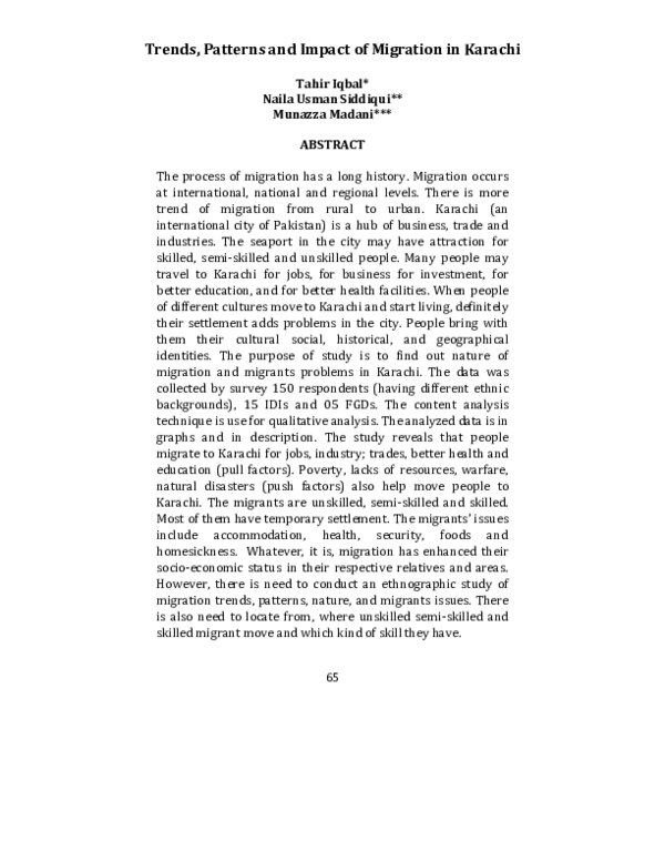 (PDF) Trends, Patterns and Impact of Migration in Karachi