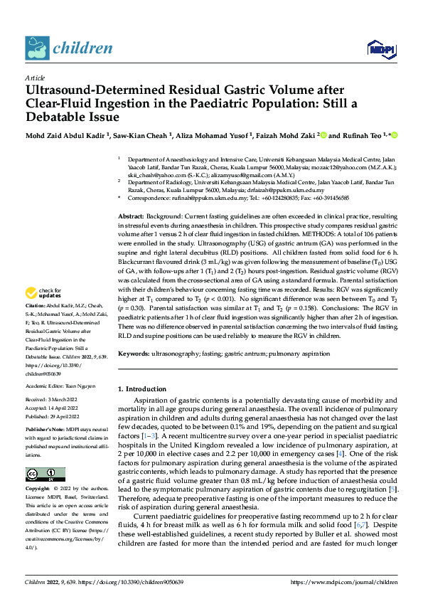 (PDF) Ultrasound-Determined Residual Gastric Volume after Clear-Fluid ...