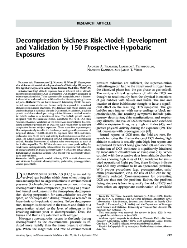 (PDF) Decompression sickness risk model: development and validation by ...
