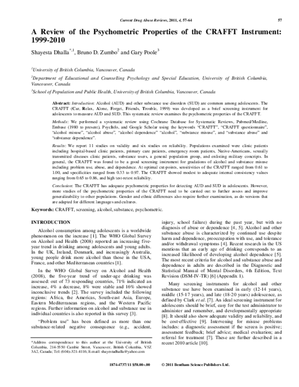 (PDF) A Review of the Psychometric Properties of the CRAFFT Instrument ...