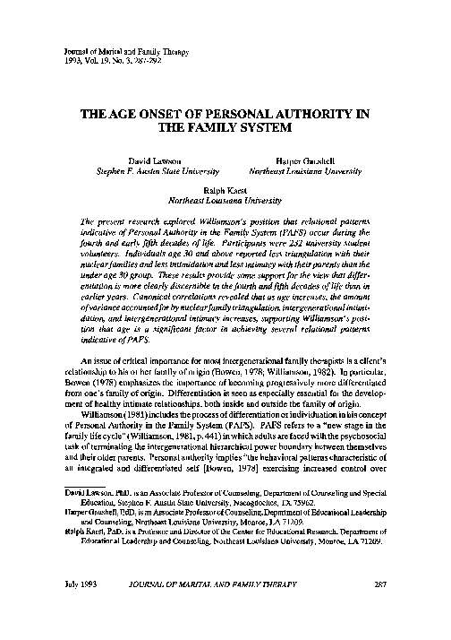 (PDF) The Age Onset of Personal Authority in the Family System