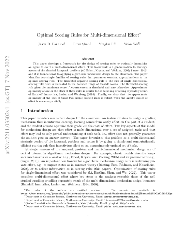 (PDF) Optimal Scoring Rules for Multi-dimensional Effort