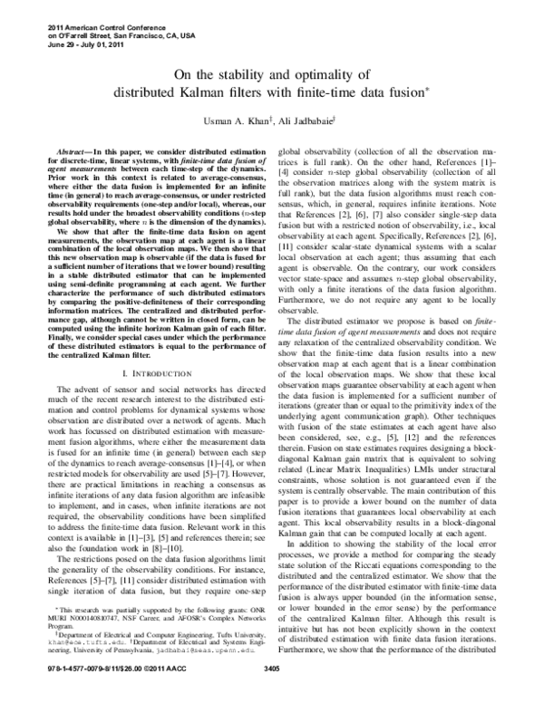 (PDF) On the stability and optimality of distributed Kalman filters ...